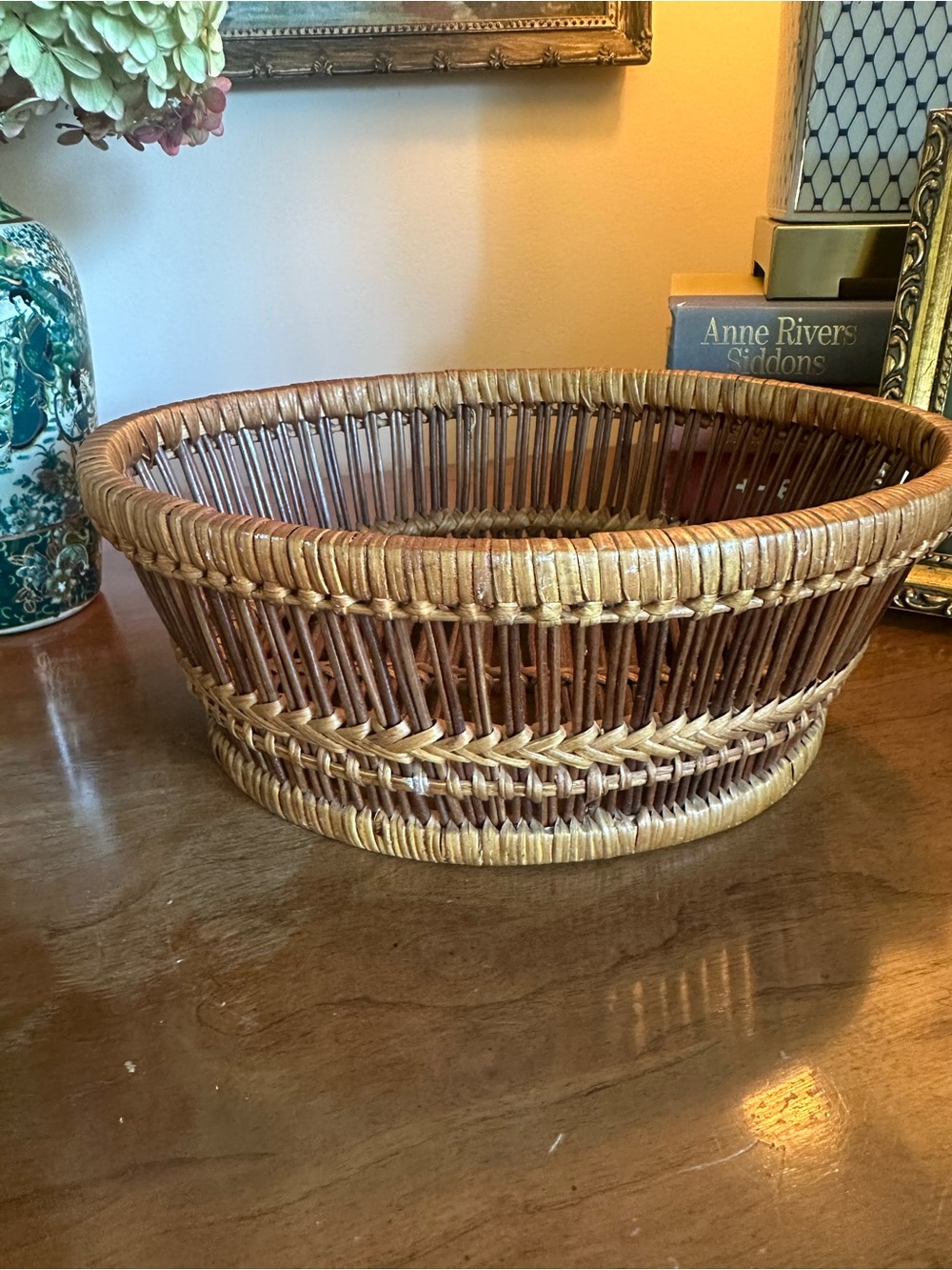 Vtg 1950’s-60’s Handwoven Rattan/Bamboo Slotted Basket